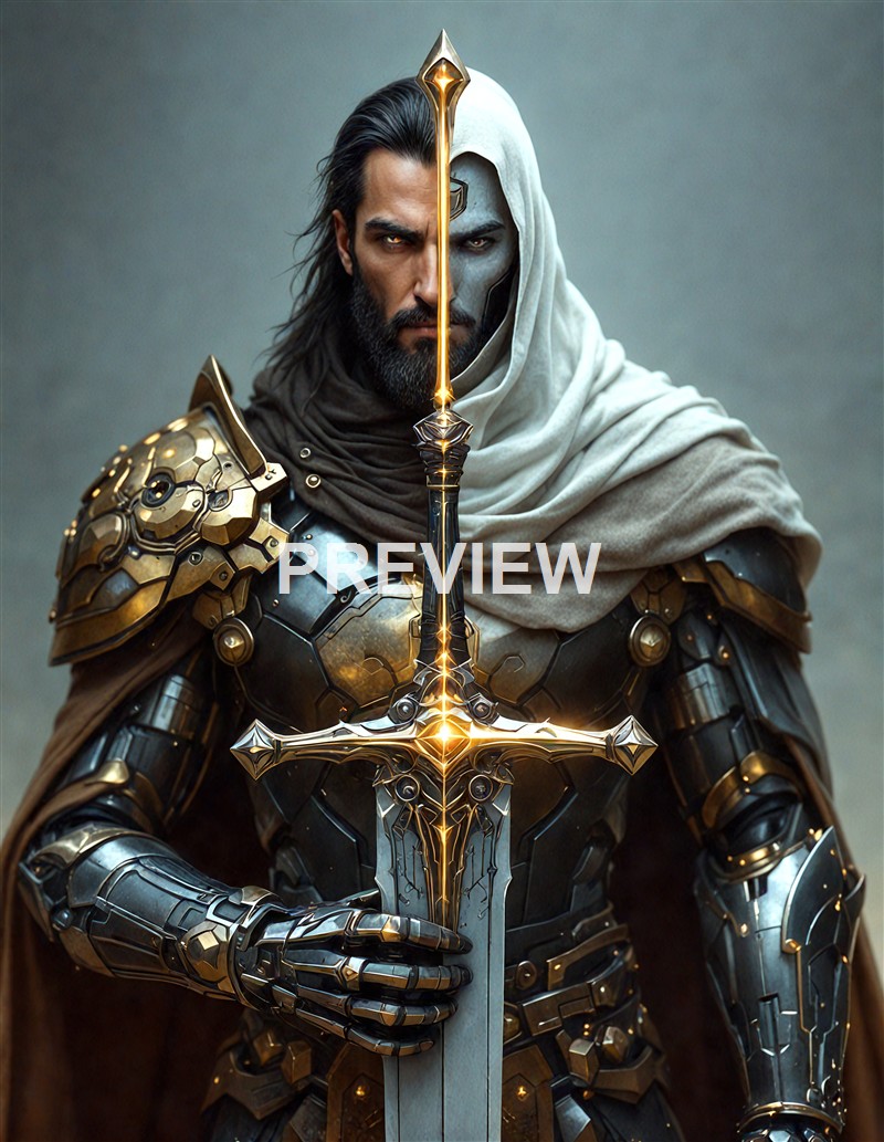 A warrior clad in intricately designed armor, holding a glowing sword vertically in front of his chest, with half of his face covered by a hood and mask, against a plain background.